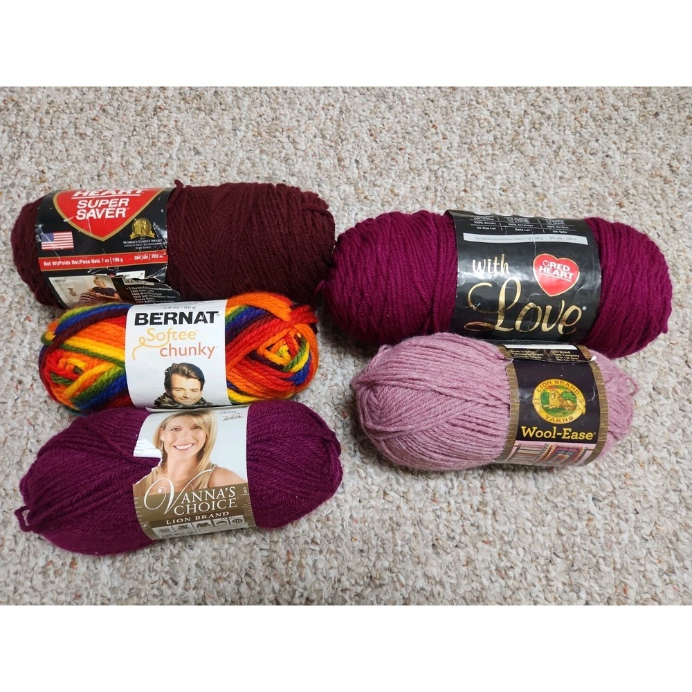 Yarn Lot Of 5 Burgandy Pink Rose Wool-Ease Bernat Red Heart Vanna